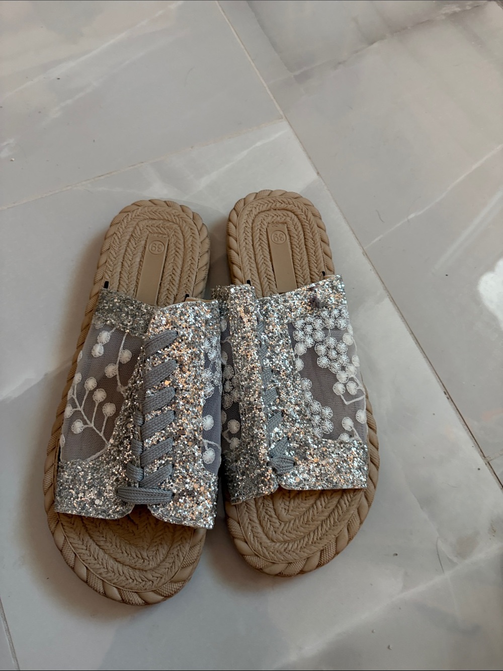 Embellished Glitter Slide Sandals in Silver and Tan